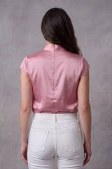 ZELZIS Women’s Pink Satin Cowl Neck Short Sleeve Top