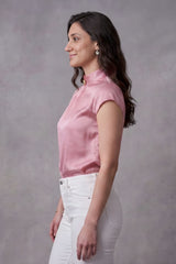 ZELZIS Women’s Pink Satin Cowl Neck Short Sleeve Top