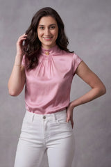 ZELZIS Women’s Pink Satin Cowl Neck Short Sleeve Top