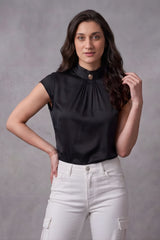 ZELZIS Women’s Black Satin Cowl Neck Short Sleeve Top