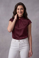 ZELZIS Women’s Maroon Satin Cowl Neck Short Sleeve Top
