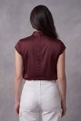 ZELZIS Women’s Maroon Satin Cowl Neck Short Sleeve Top
