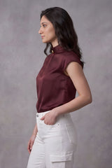 ZELZIS Women’s Maroon Satin Cowl Neck Short Sleeve Top