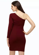 Solid maroon knee-length one shoulder dress with full sleeves

