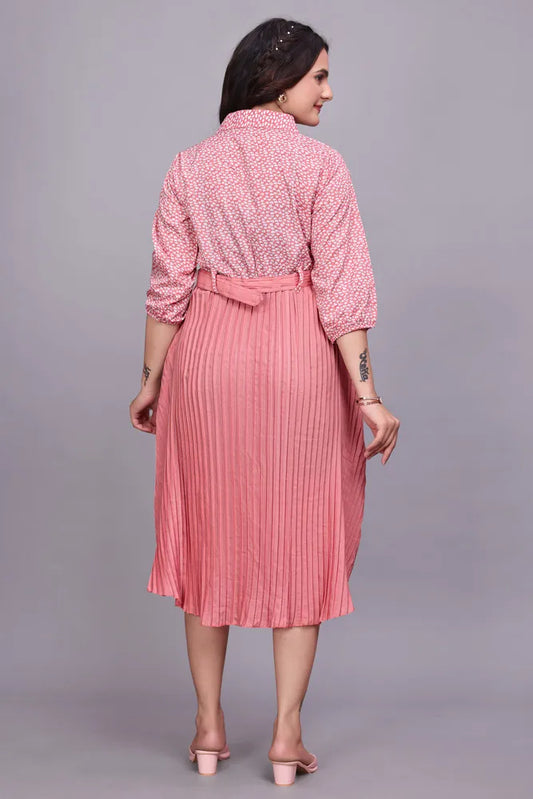 Solid pink crepe dress with round cowl neck and full sleeves

