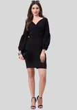 Stylish black V-neck party wear polyester bodycon dress

