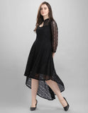 Stylish black coding net high low dress with keyhole neckline by ZELZIS

