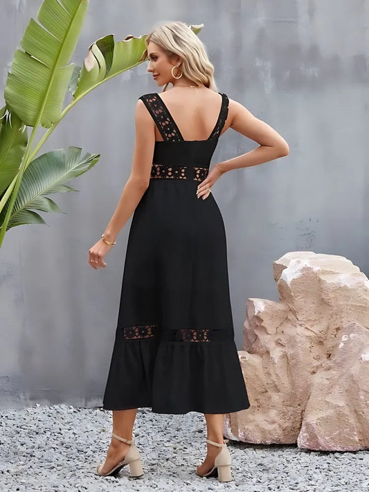 Stylish black flower crochet dress with wide straps

