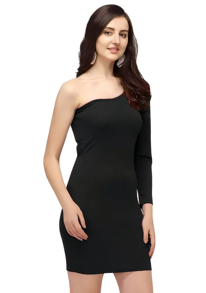 Stylish black one shoulder solid knee-length dress with full sleeves by ZELZIS

