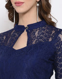 Stylish blue coding net high-low dress ideal for casual and party wear

