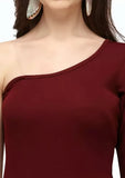 Stylish maroon one shoulder knee-length dress with full sleeves

