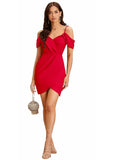 Stylish red polyester knee-length dress with shoulder strap neck by ZELZIS

