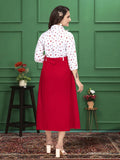 Stylish red & white solid crepe Christmas party dress

