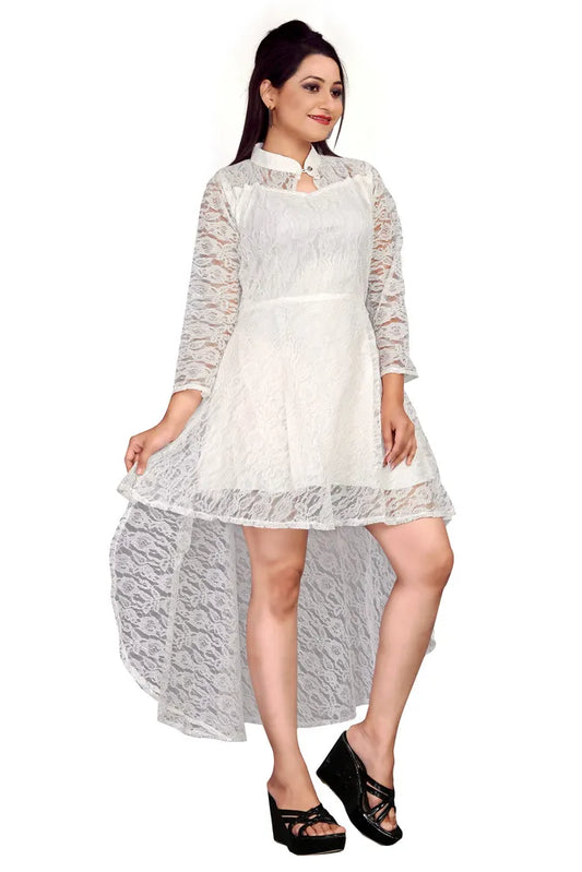Stylish white floral net high low dress for women
