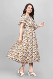 Stylish yellow mango floral wrap maxi dress with flared sleeves by ZELZIS

