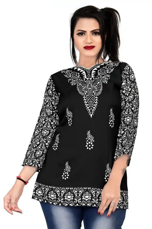 stylish black digital printed rayon tunic for casual wear
