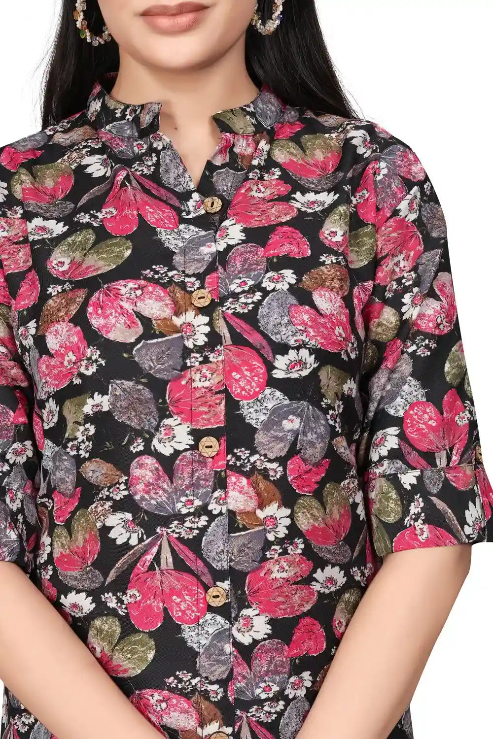 stylish black three-quarter sleeve floral kurti
