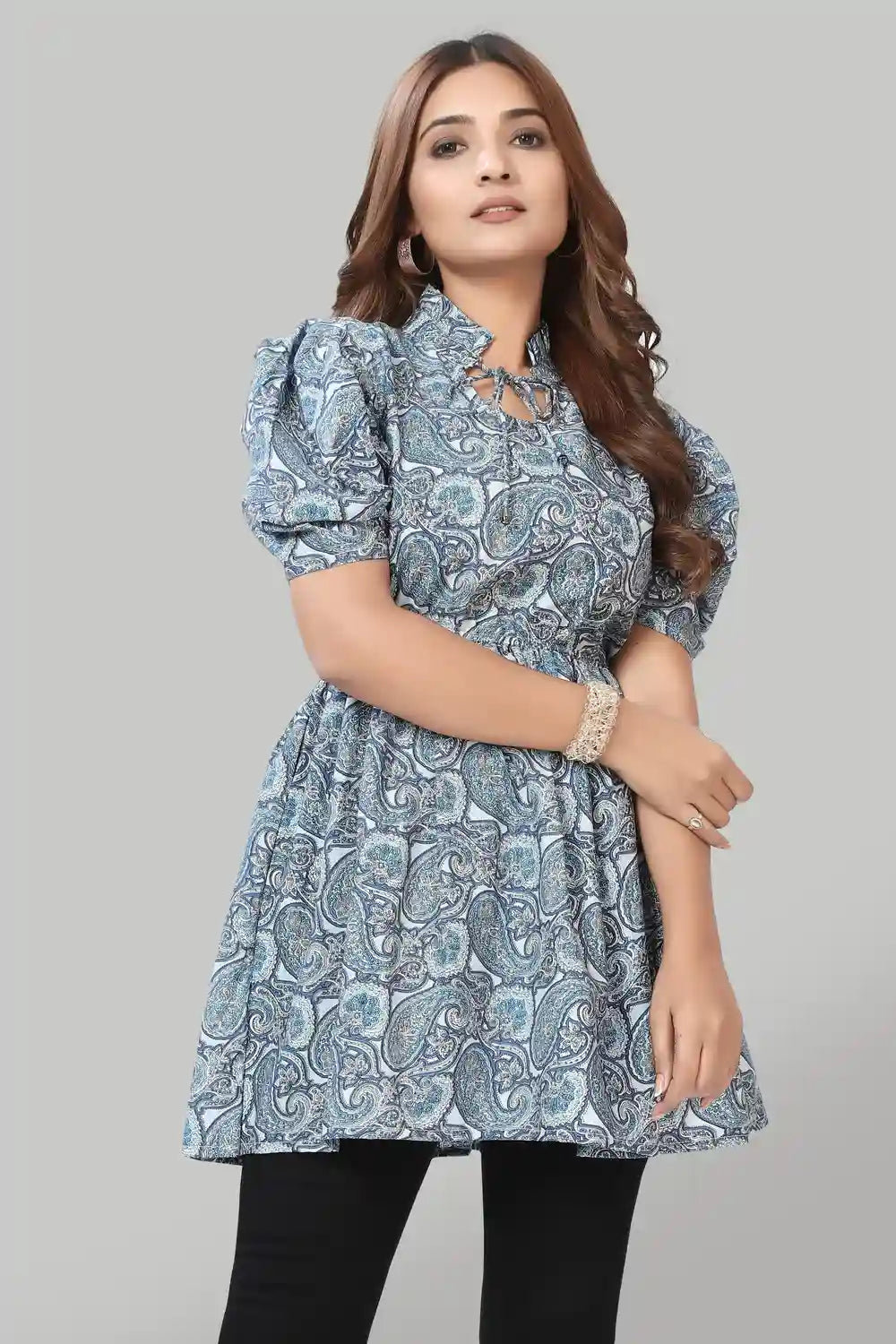 stylish blue crepe top with floral print and tie-up neck
