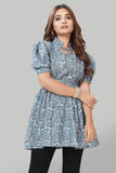 stylish blue crepe top with floral print and tie-up neck
