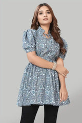 stylish blue crepe top with floral print and tie-up neck
