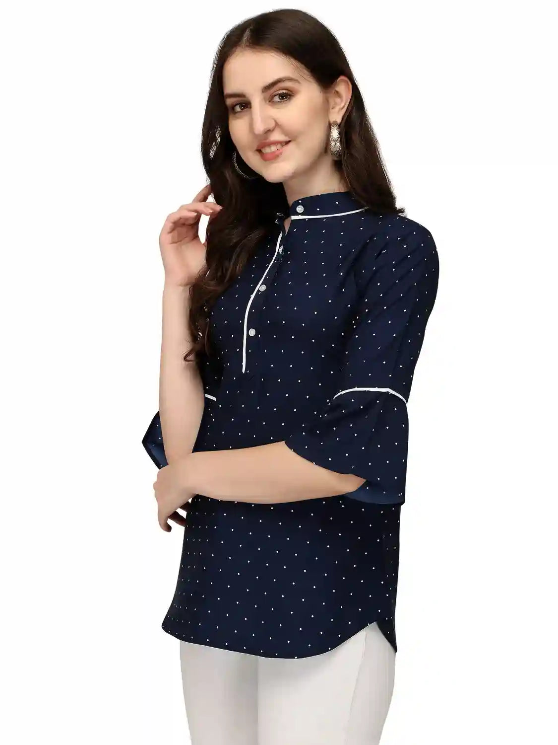 stylish blue crepe tunic top with polka dot design
