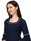 stylish blue crepe tunic top with polka dots for casual wear
