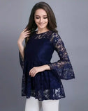 stylish blue round neck top with russle net fabric and crepe lining

