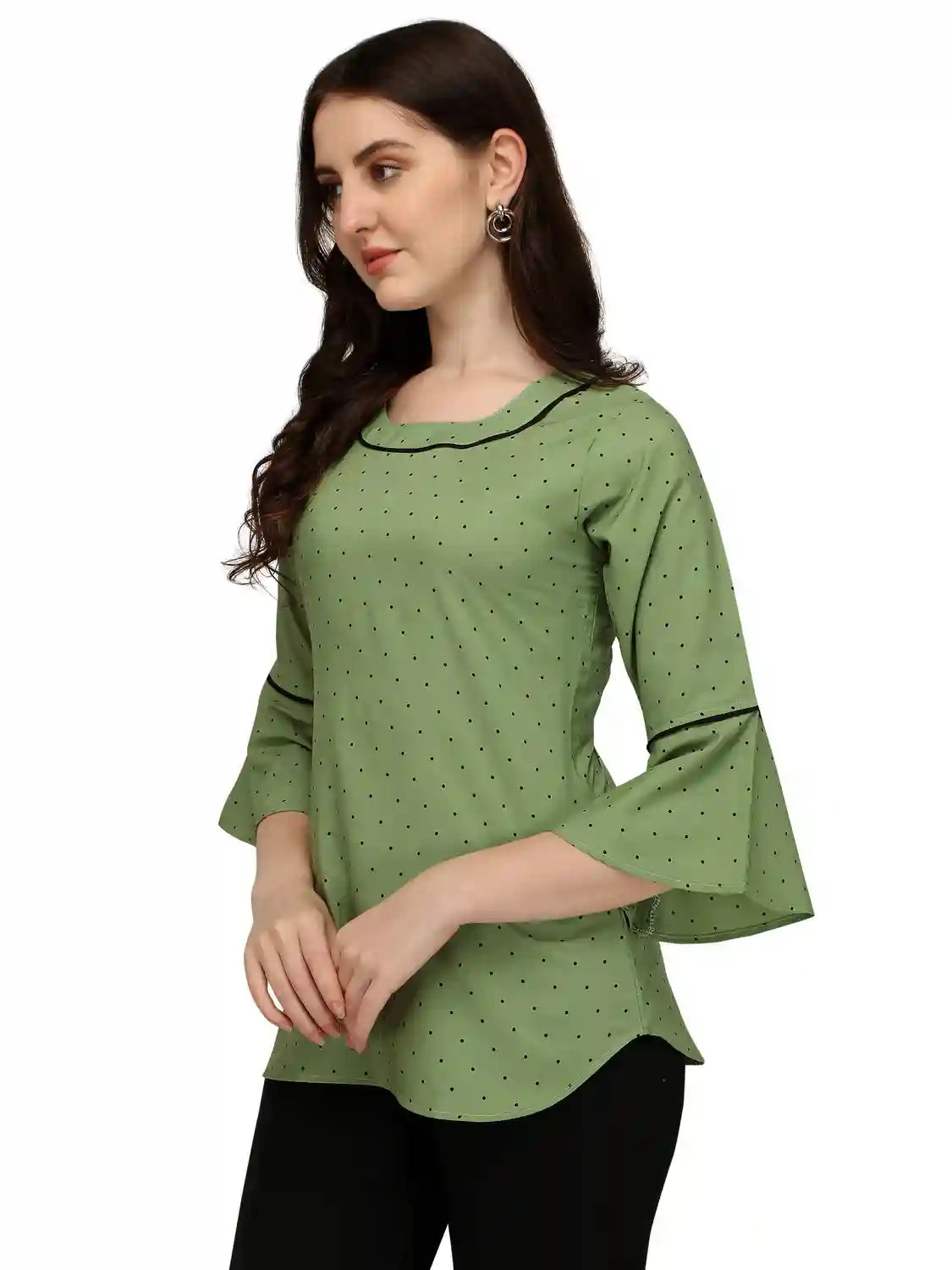 stylish green polka dot crepe tunic top with bell sleeves
