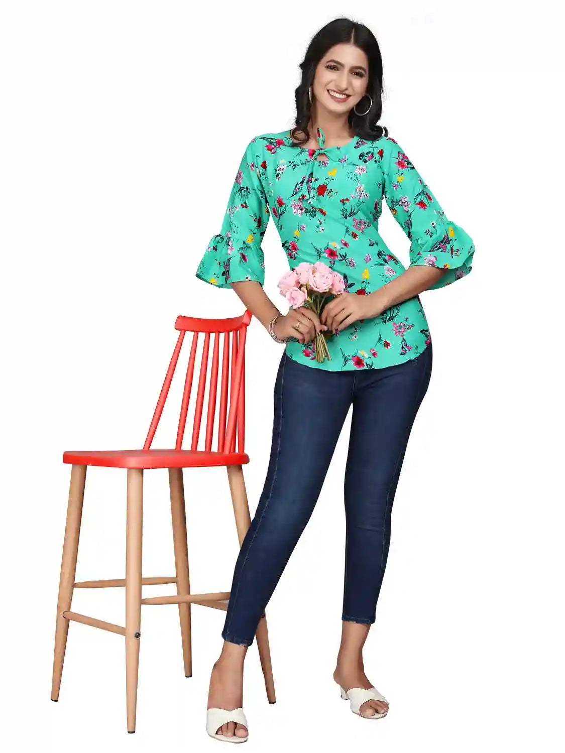stylish light blue floral crepe tunic top with a chic design
