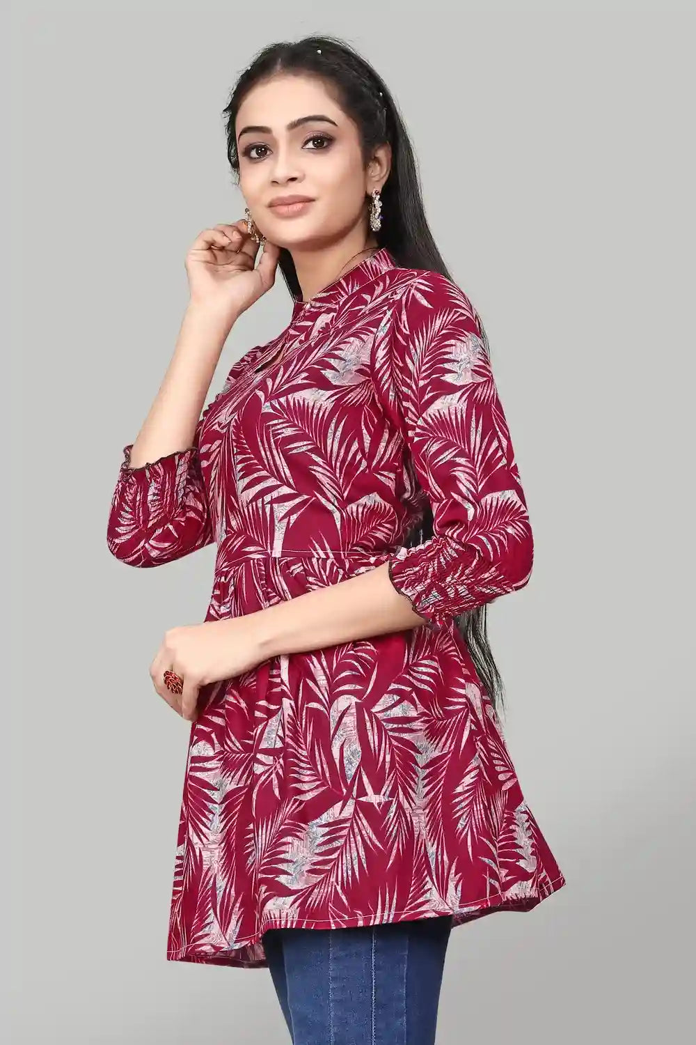 stylish maroon floral rayon tunic with keyhole neck for casual wear
