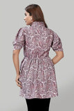 stylish peach solid crepe top with floral tie-up neck design
