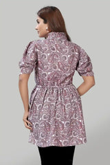 stylish peach solid crepe top with floral tie-up neck design
