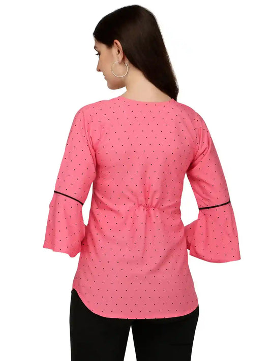 stylish pink crepe tunic with bell sleeves for casual wear
