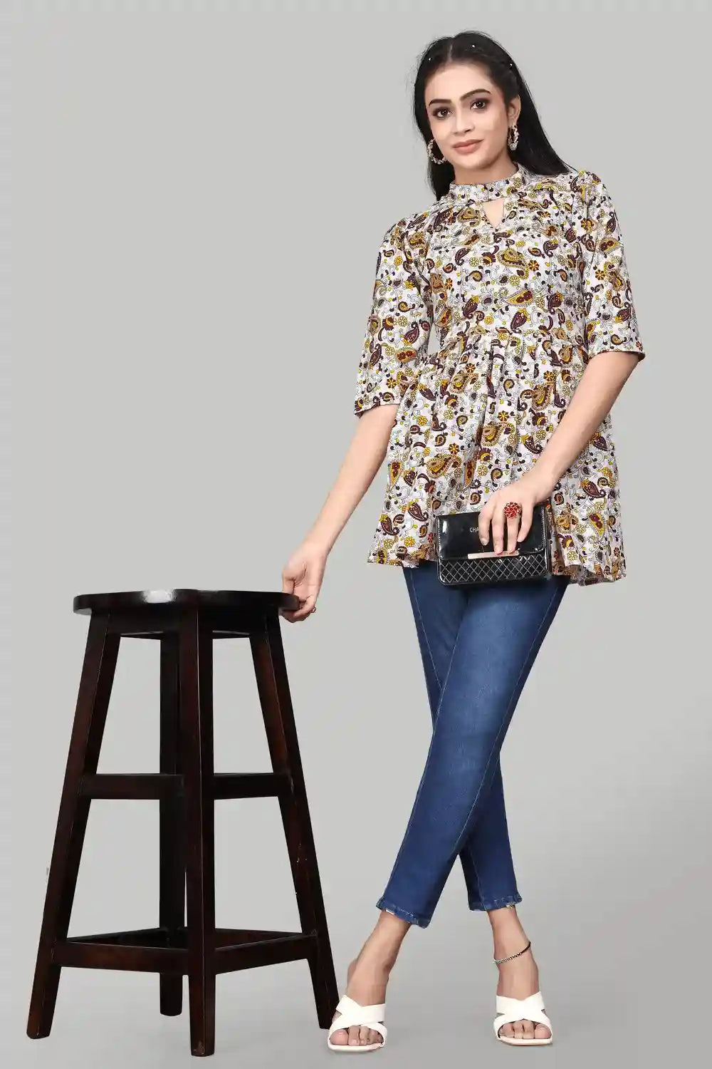 stylish yellow floral mango pattern crepe tunic for women
