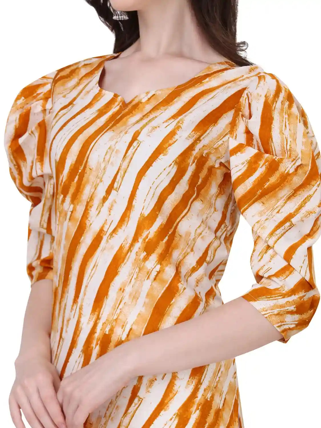 stylish yellow round neck kurti with puff sleeves
