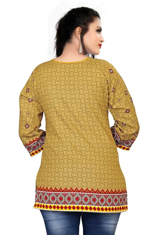 stylish yellow tunic top with round neck and regular sleeves
