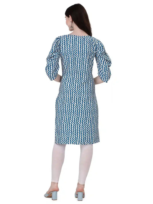 teal mix trendy puff sleeve crepe kurti for women
