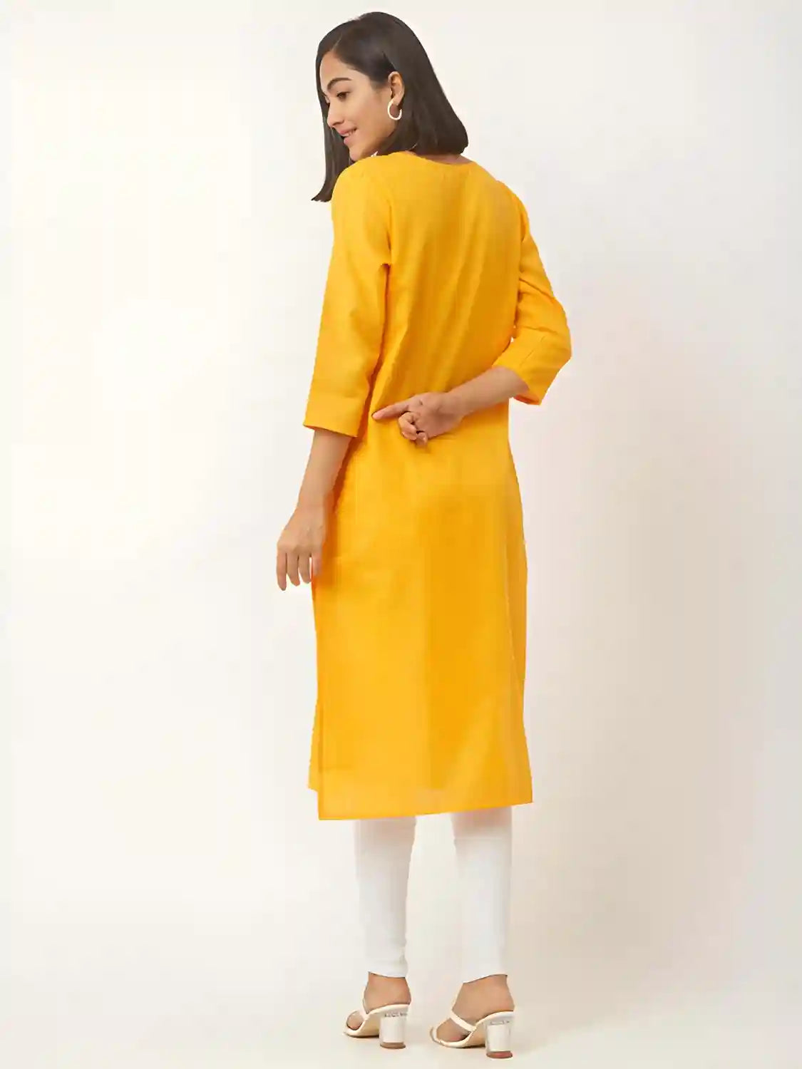 three-quarter sleeve yellow A-line kurti for women
