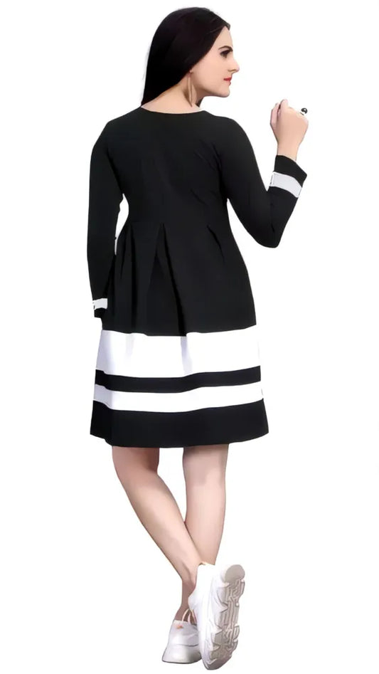 Trendy black knee-length colourblock crepe dress for casual & party wear by ZELZIS

