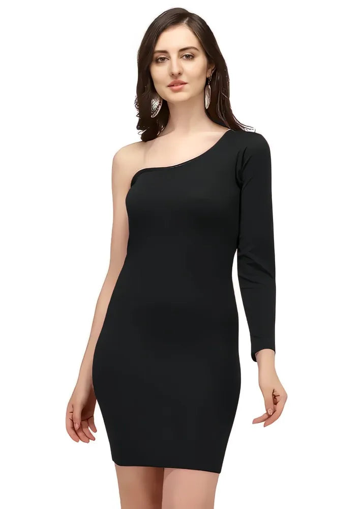 Trendy black solid polyester dress with one shoulder neckline by ZELZIS

