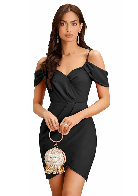 Trendy black shoulder strap knee-length polyester dress by ZELZIS

