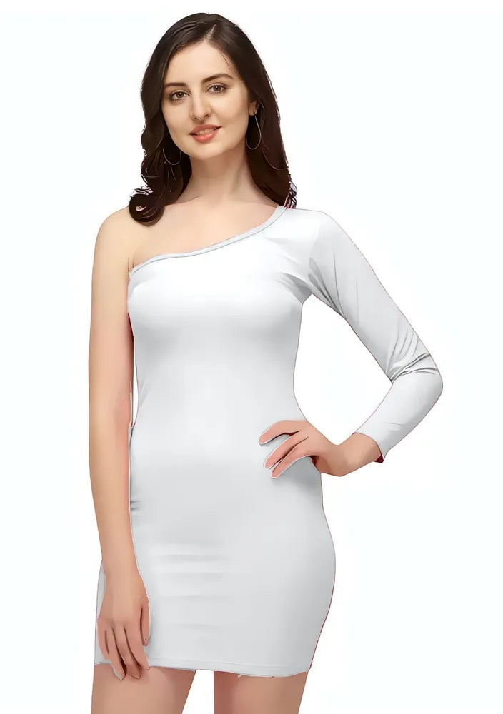 Trendy white solid polyester dress with one shoulder neckline by ZELZIS

