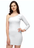 Trendy white solid polyester dress with one shoulder neckline by ZELZIS

