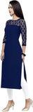 trendy blue solid crepe kurti with three-quarter sleeves
