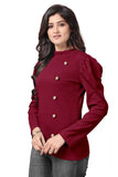 trendy maroon polyester t-shirt with puff sleeves and button neck







