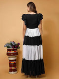 Black and white colourblocked maxi dress with V neck and short flared sleeves

