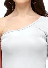 White one shoulder knee-length polyester dress for casual & party wear by ZELZIS

