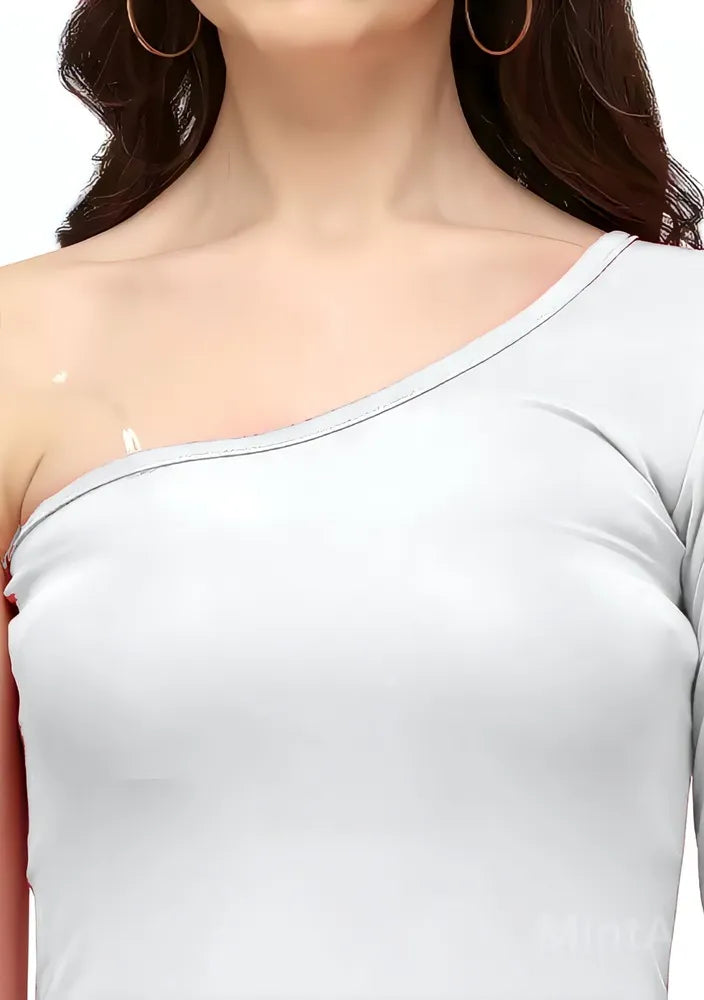 White one shoulder knee-length polyester dress for casual & party wear by ZELZIS

