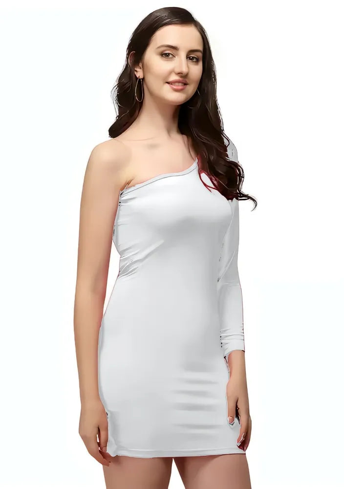 White one shoulder solid knee-length polyester dress by ZELZIS

