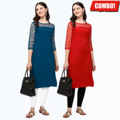 Teal & Red A-Line Straight Daily Wear Crepe Combo Kurtis